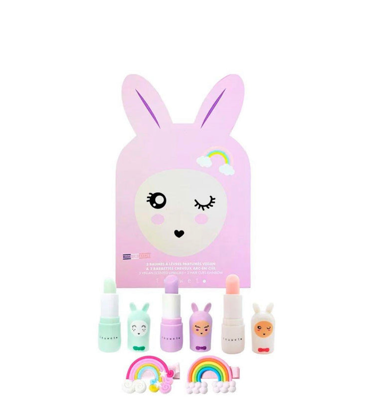 Cajita Deluxe Bunny con 3 Bálsamos Labiales y 2 Pinzas de Pelo Rainbow